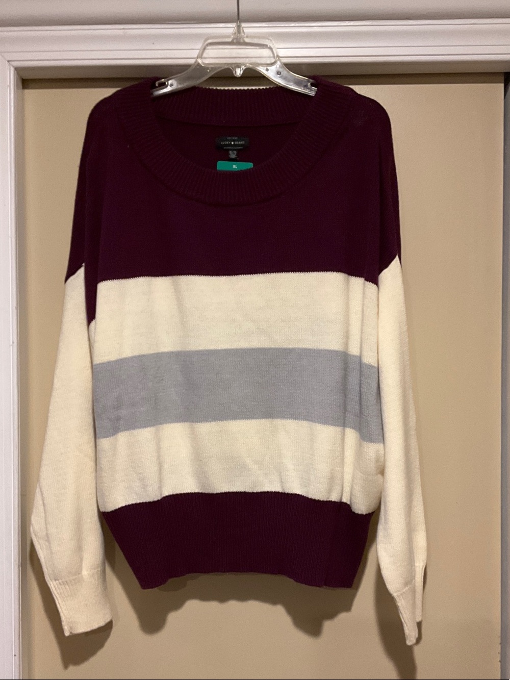 NWT Lucky Brand Stripe Crewneck Sweater with Cream, Light Gray and maroon